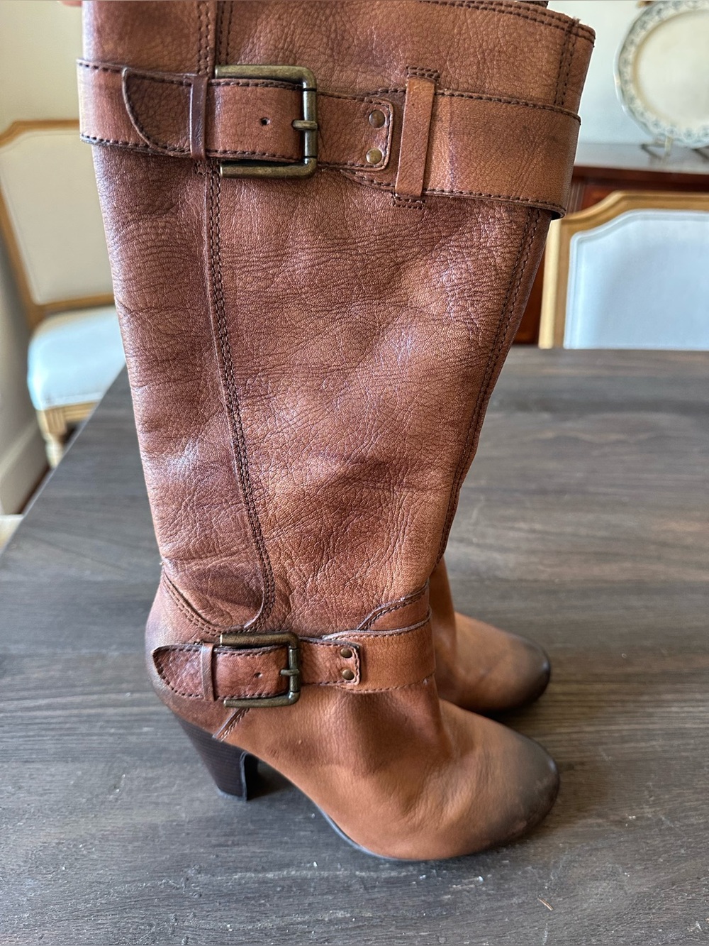Arturo Chiang Distressed Tan Leather tall, high heel Buckle Boots